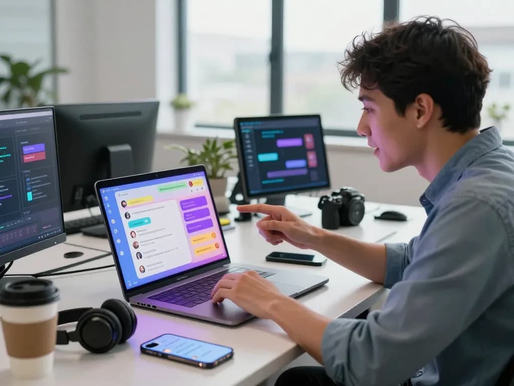 Person engaging with spicy chat AI in a vibrant tech workspace, showcasing modern interaction.