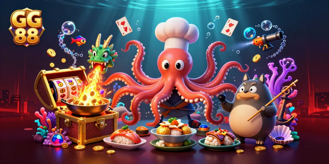 GG 88 sushi octopus prepares golden dishes in a vibrant casino-themed underwater scene.