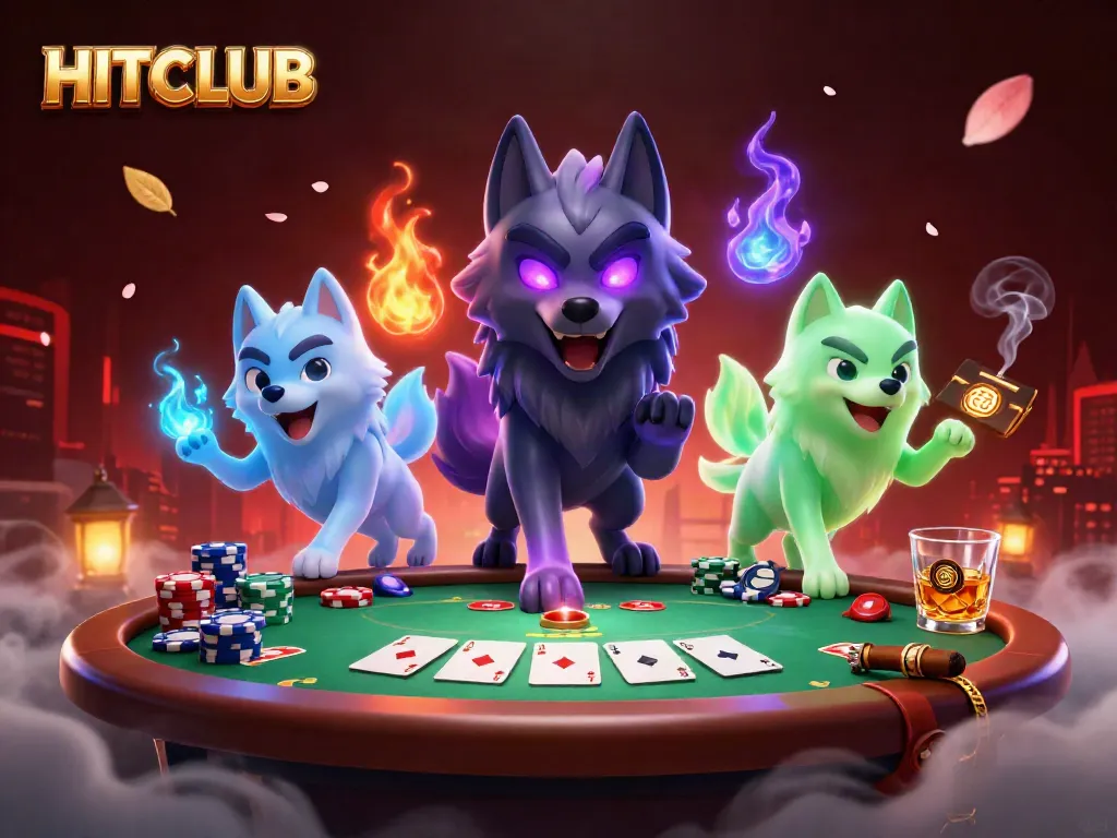 HITCLUB showcases a thrilling poker scene with spectral wolves and dynamic casino elements.