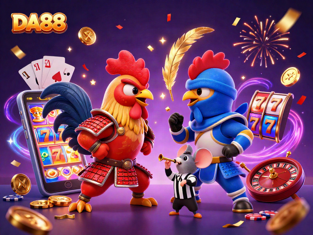 DA88 action with iconic roosters in a dramatic casino standoff surrounded by vibrant gaming elements.