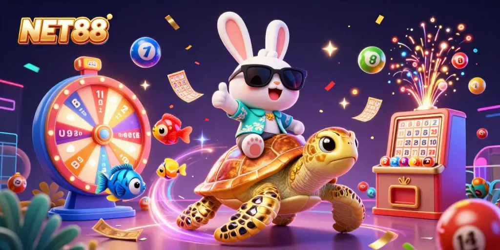 Experience NET88's vibrant gaming scene with a lucky rabbit, golden turtle, and lottery elements.
