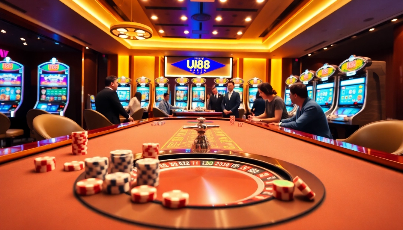 UU 88 casino scene with vibrant tables, poker chips, and an exciting gambling atmosphere.