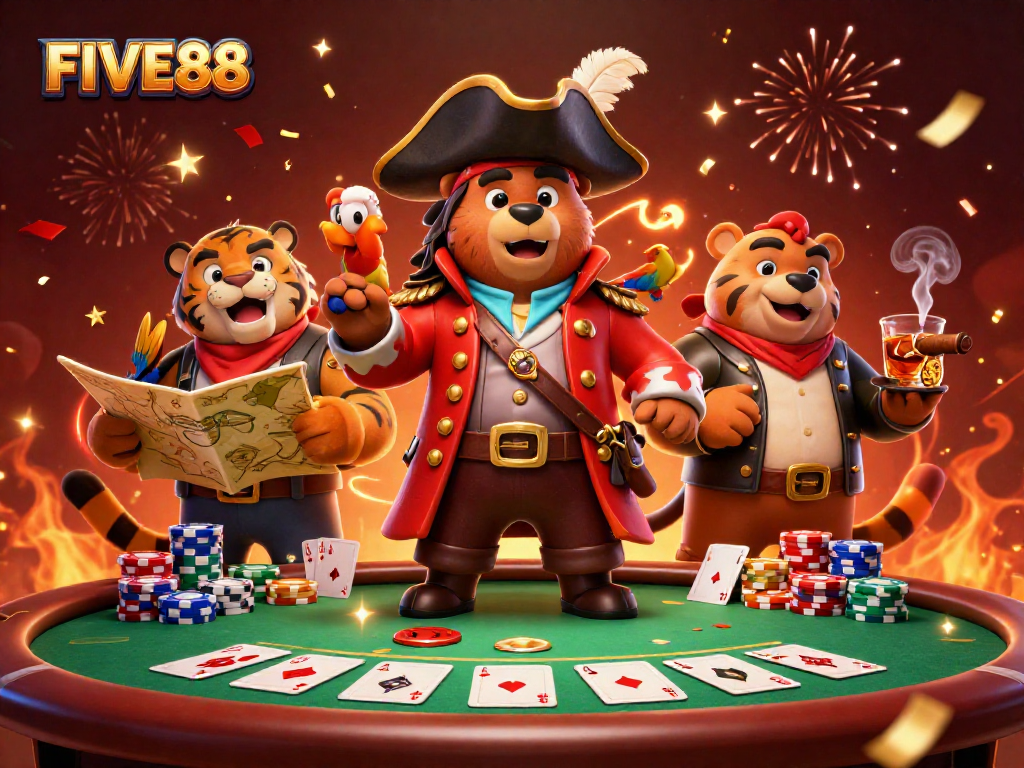 Experience the excitement of FIVE88 with a pirate captain bear, tiger, and treasure map in this vibrant casino scene.