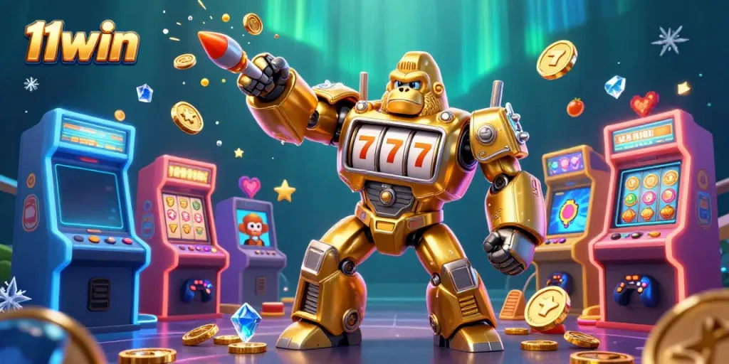 11win features a golden gorilla mech amidst vibrant gaming elements, showcasing casino excitement.
