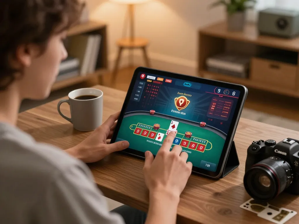 Player enjoying lv88 blackjack on tablet at home with cozy atmosphere