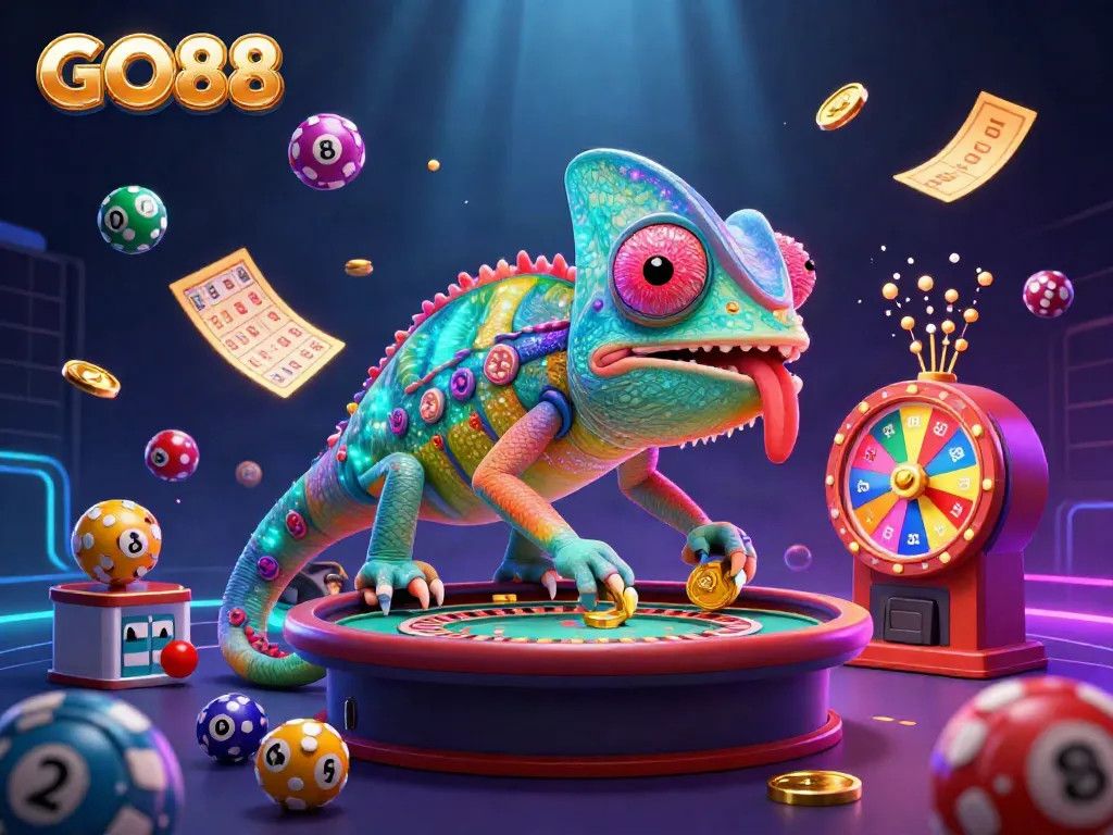Engage in GO88's exciting gaming world with vibrant casino elements and a playful chameleon host.
