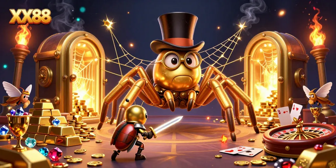 Experience thrilling action at XX88 with a dynamic 3D casino scene showcasing golden treasures and brave characters.