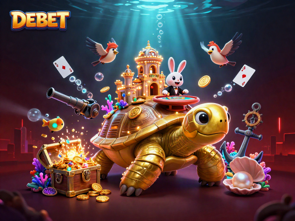 DEBET casino adventure with a golden tortoise, rabbit dealer, and flying coins in a vibrant underwater scene.