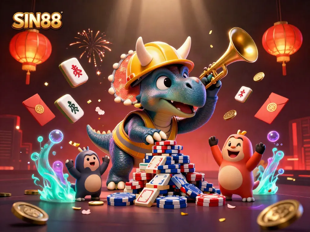 SIN88 showcases a lively casino scene with cartoon dino characters celebrating amidst poker chips and festive elements.