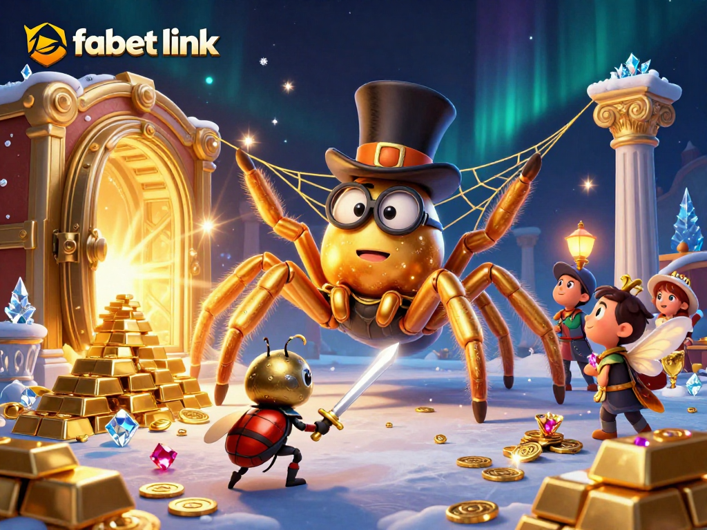 Engage in the fabet link adventure with a 3D illustration of a giant tarantula weaving gold threads amidst casino treasures.