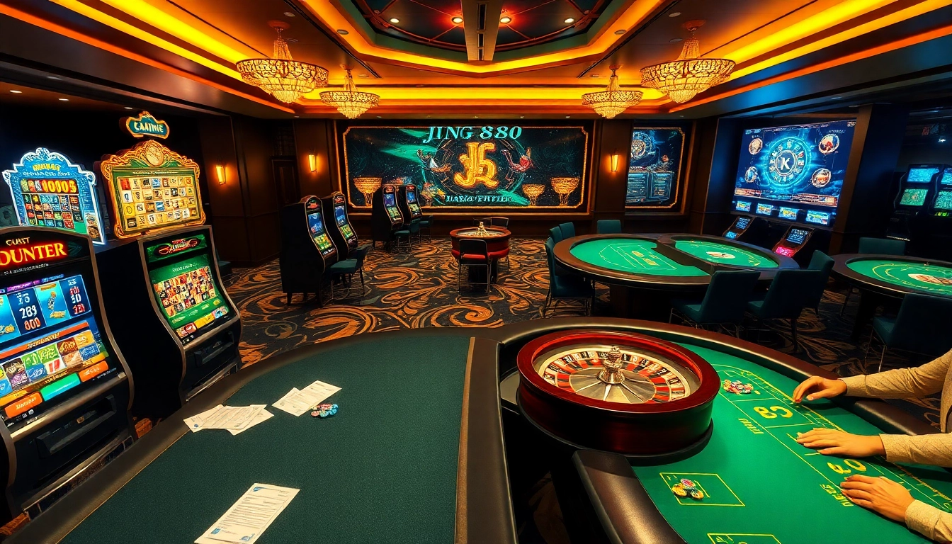 Engage with Jun 88 at a luxurious online casino with vibrant slot machines and elegant tables.