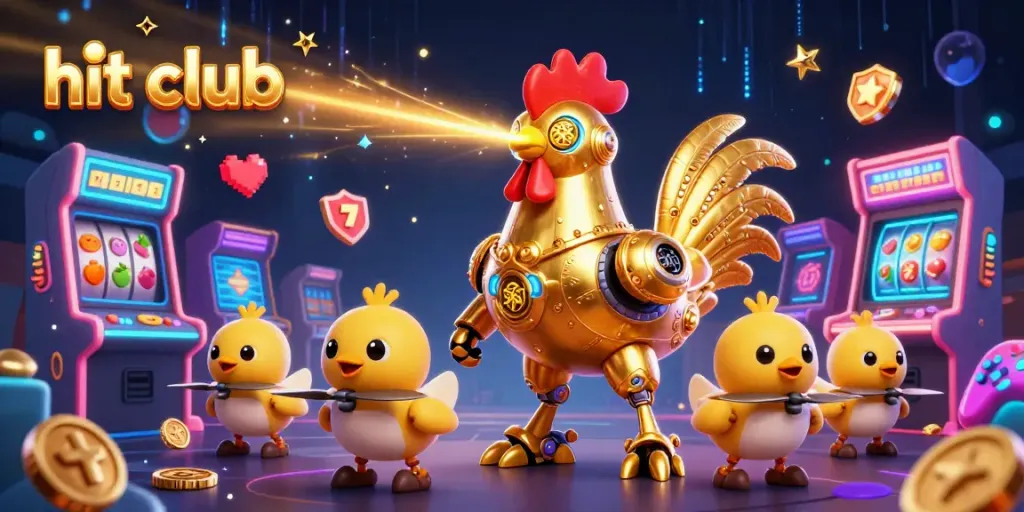 Engage with the vibrant world of hit club, showcasing golden rooster robots and arcade games in a casino setting.
