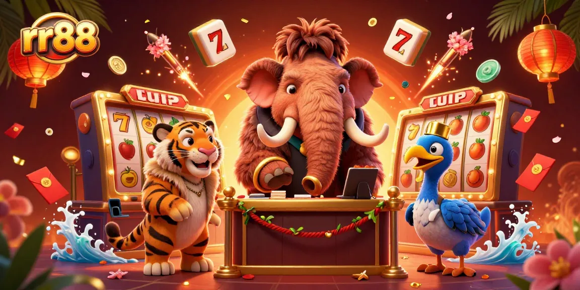 Engage with rr88's exciting casino experience featuring vibrant characters and slot elements.