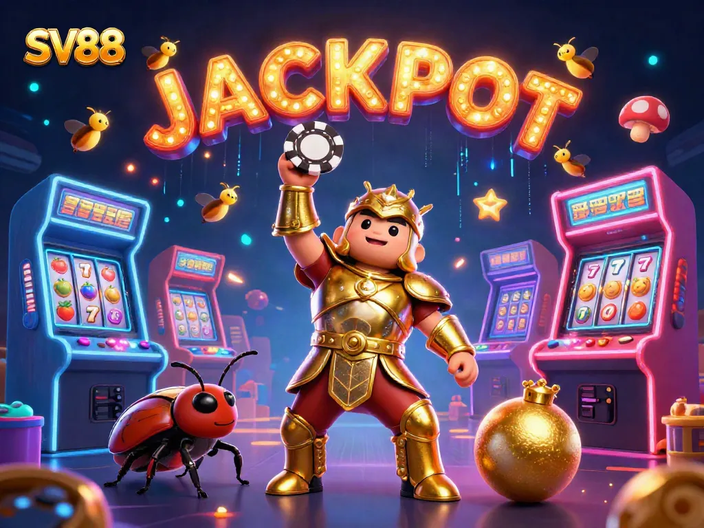 Celebrate big wins at SV88 with a victorious beetle and dynamic casino elements in a colorful 3D scene.