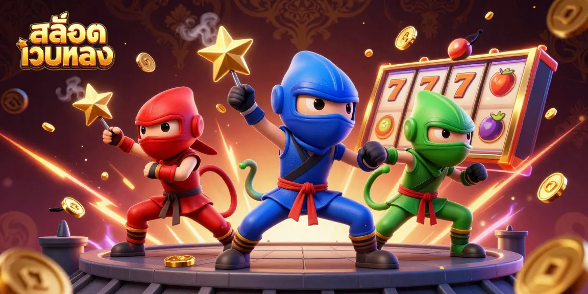 Experience สล็อตเว็บตรง with chameleon ninjas amidst a vibrant casino scene packed with slot reels and gold coins.