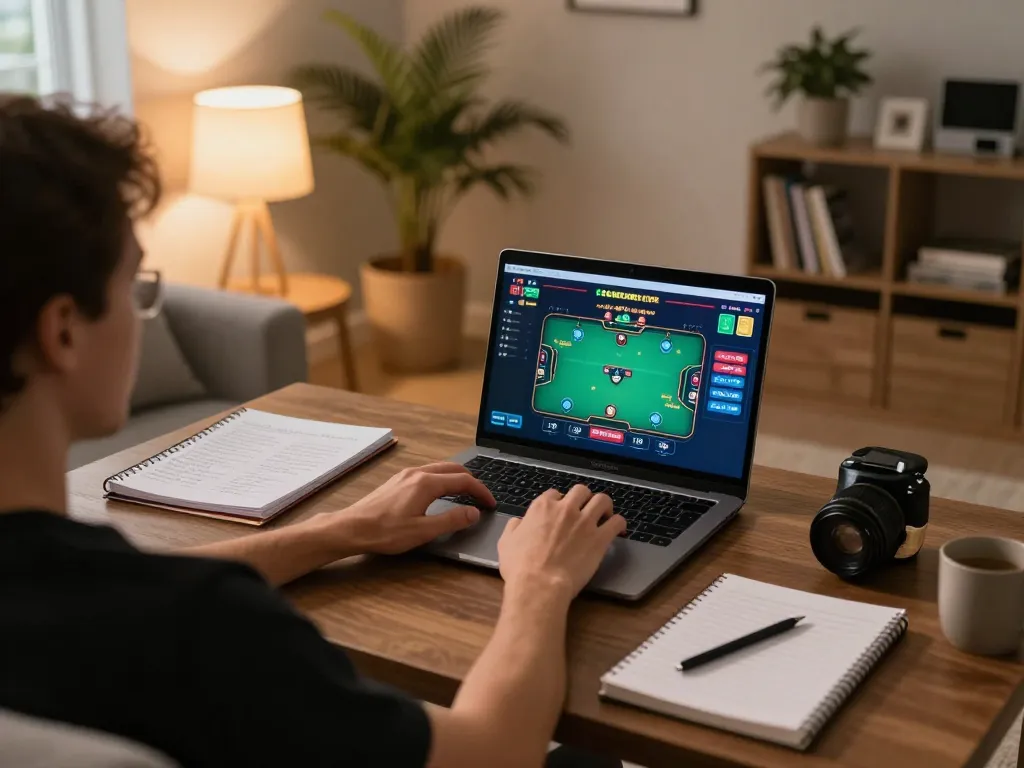 Engaging in online poker with 9bet đăng nhập on laptop during a cozy home gaming session.