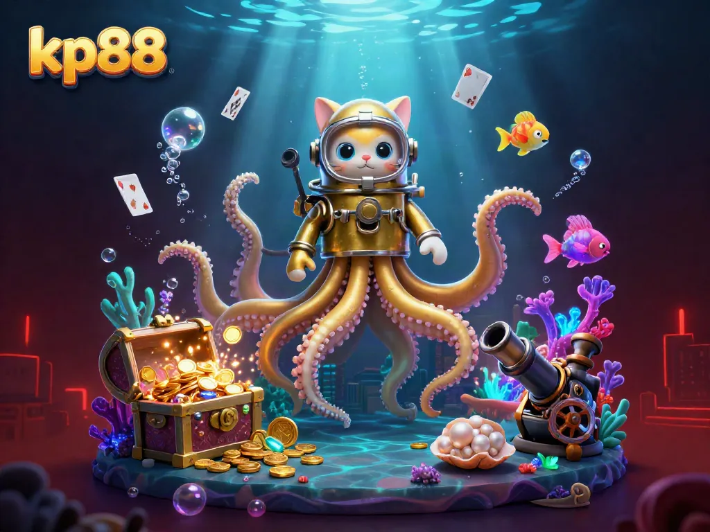 Experience the thrill of kp88 with a kraken and diving cat surrounded by underwater treasures and gaming elements.