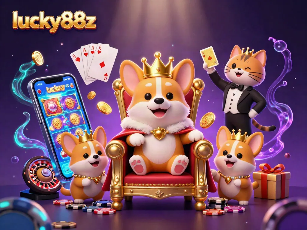 Experience the thrill of gaming with lucky88z, featuring a royal corgi amidst exciting slot and card games.