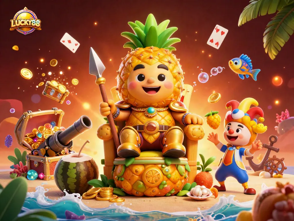 Engage in exciting gameplay at LUCKY88 with vibrant 3D art featuring a golden pineapple king and casino elements.