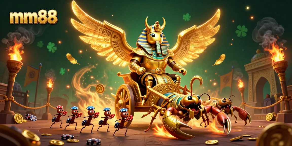 Immerse in the vibrant world of mm88 with an epic golden scarab and scorpion chariot scene.