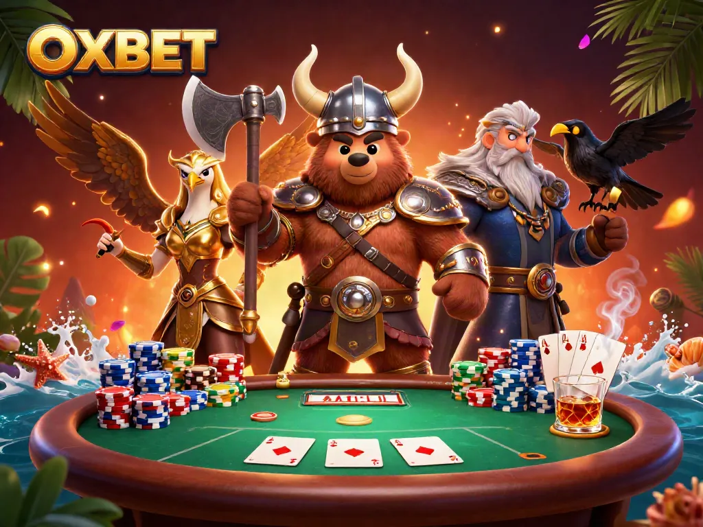 Experience thrilling gaming adventures with OXBET as a Viking bear, Valkyrie eagle, and poker elements unite.