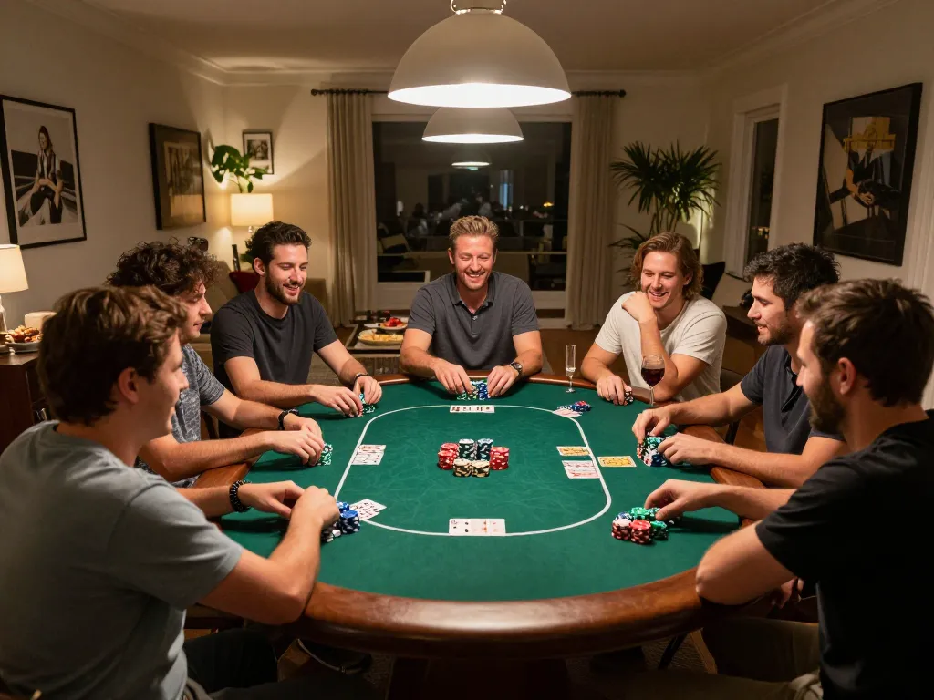 Friends enjoying a spirited poker game at home, capturing the essence of SC88 gaming strategies and social fun.