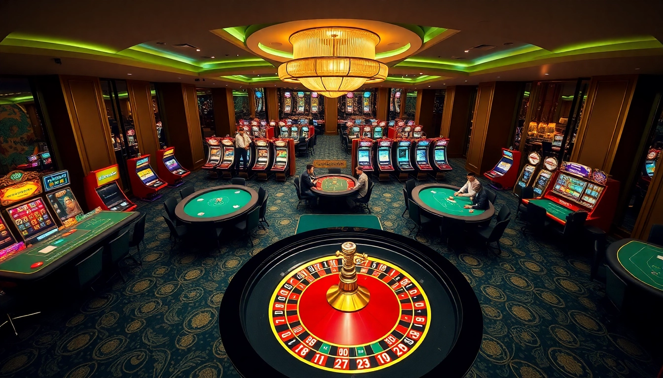 Experience the excitement of FABET gaming with vibrant roulette and poker tables.