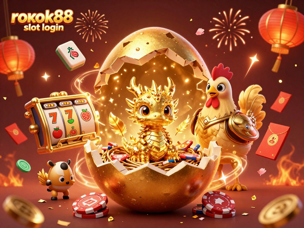 Engage with the exciting rokok88 slot login scene featuring a golden baby dragon and dynamic casino elements.