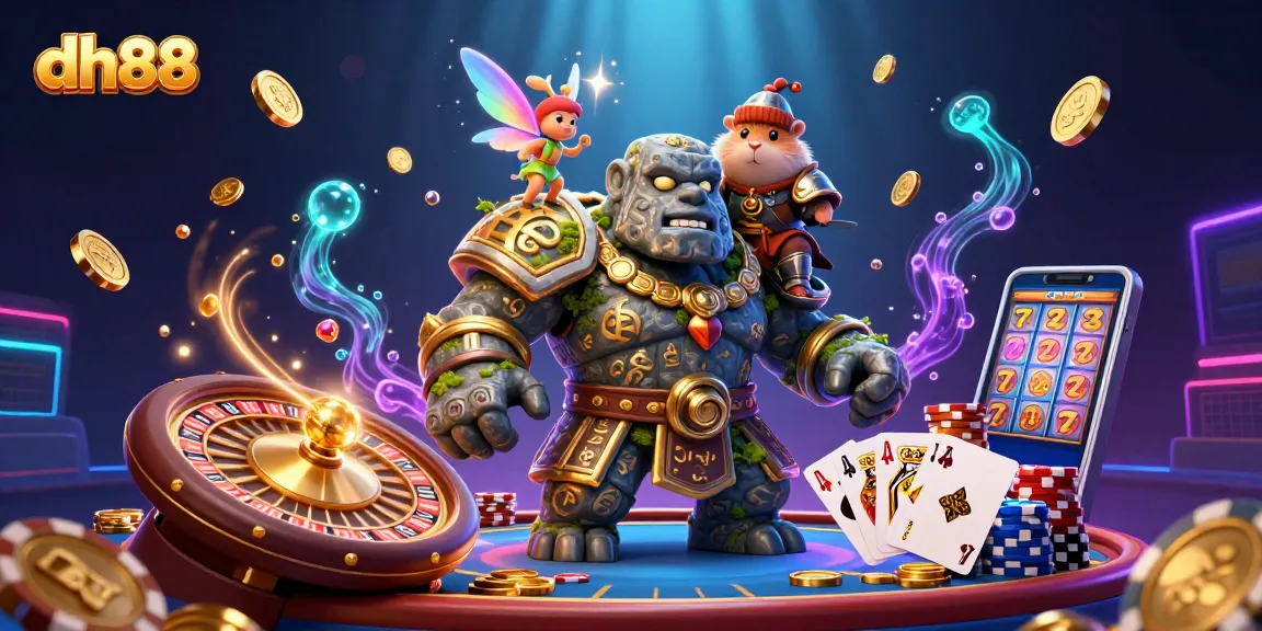 Experience the thrill of dh88 with a vibrant 3D casino scene featuring exciting games and characters.