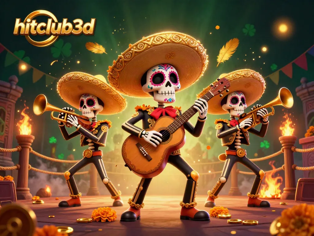 Engage with hitclub3d's vibrant gaming atmosphere through energetic mariachi skeletons and gold coins.