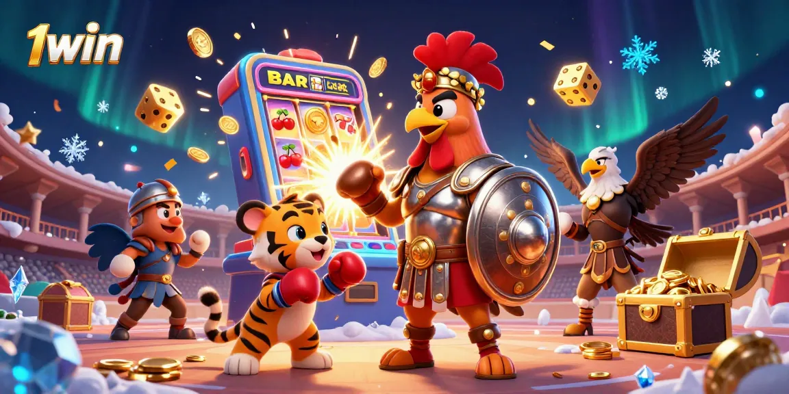 Experience the thrill of 1win betting with a dynamic casino scene featuring games, characters, and action.