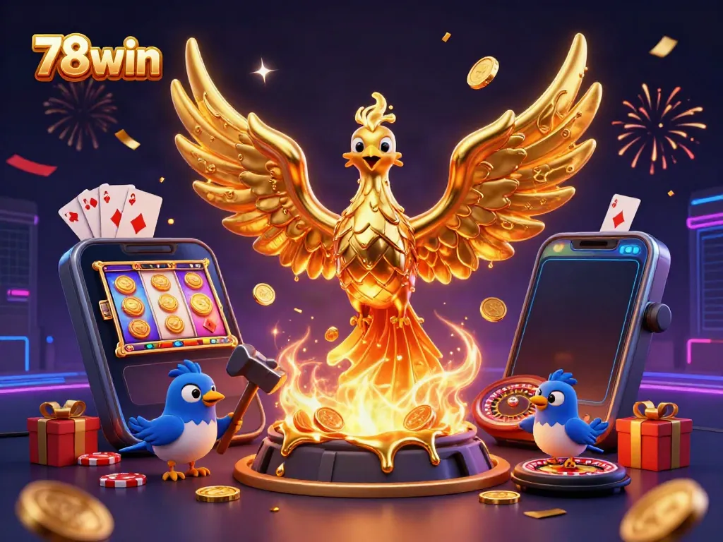 78win features a fiery golden phoenix emerging from a forge surrounded by casino elements.