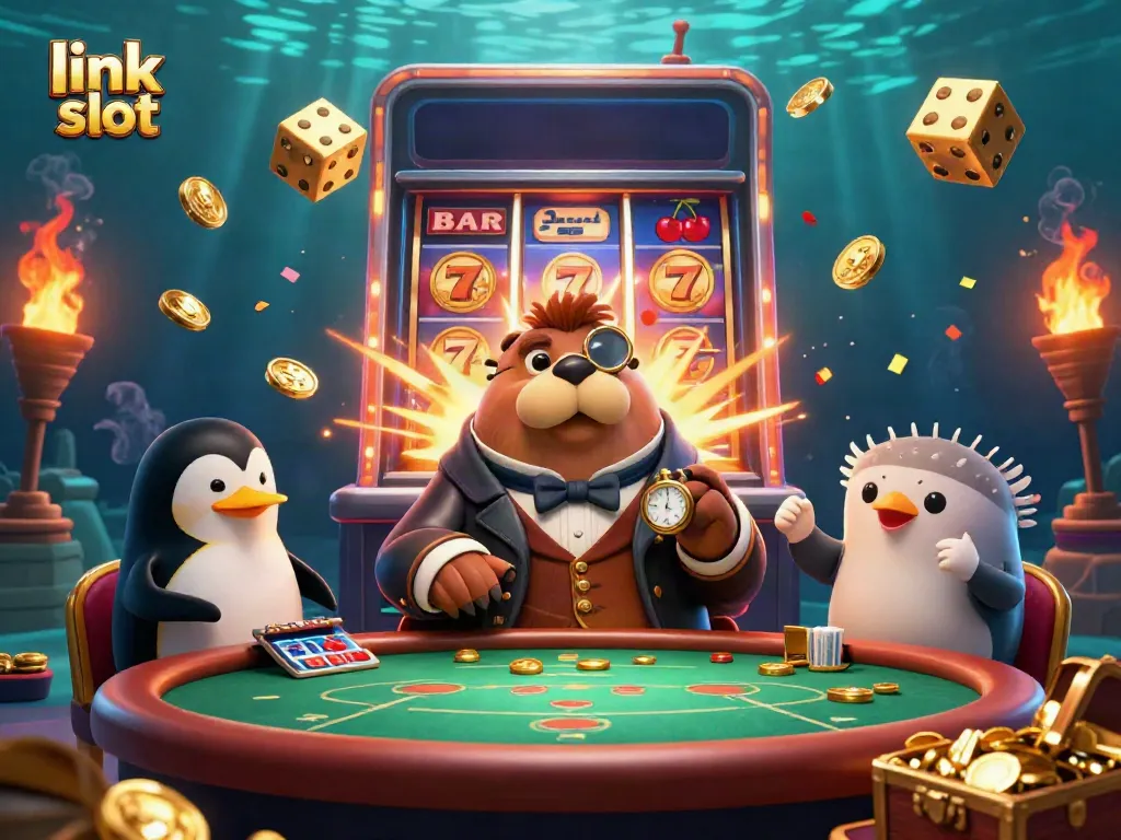 Experience exciting gameplay with link slot as a charming walrus plays poker in a vibrant underwater casino.