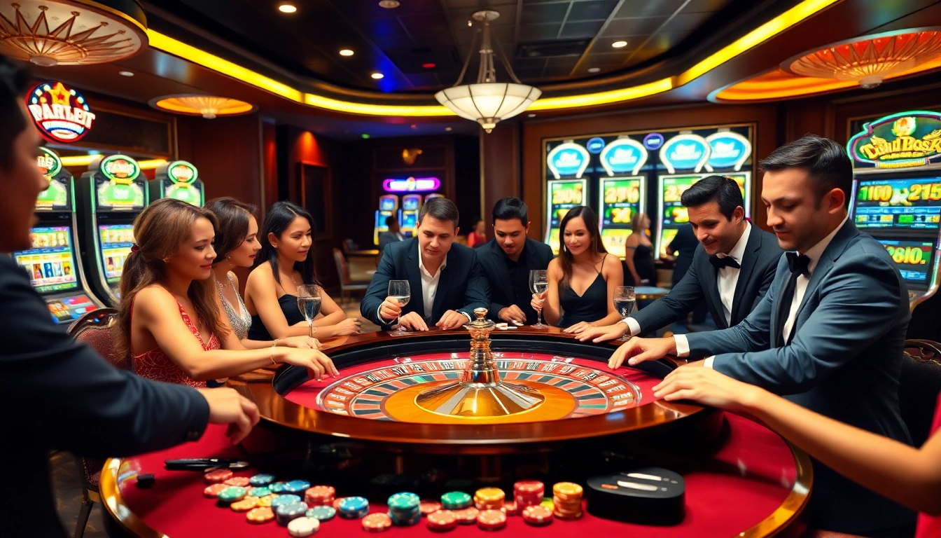 Excited gamblers playing at the roulette table in a luxurious RR88 casino environment.
