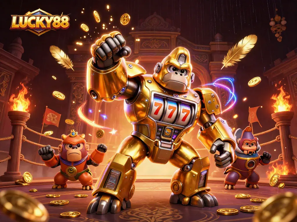 LUCKY88 gorilla mech punches up coins in an exciting casino battle scene.