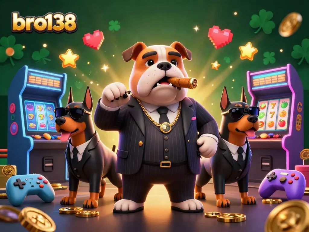 Engage with bro138, featuring a mafia bulldog and Doberman bodyguards in a vibrant casino scene.