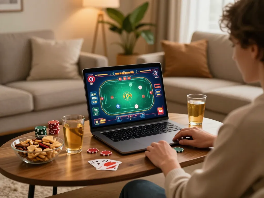 Engaged player enjoying online poker game on vuabet88i platform in stylish home environment.