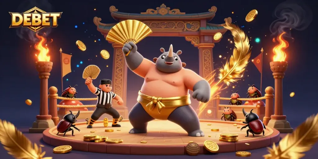 Engage with DEBET, the vibrant gambling scene showcasing a beetle sumo champion amidst flying coins.