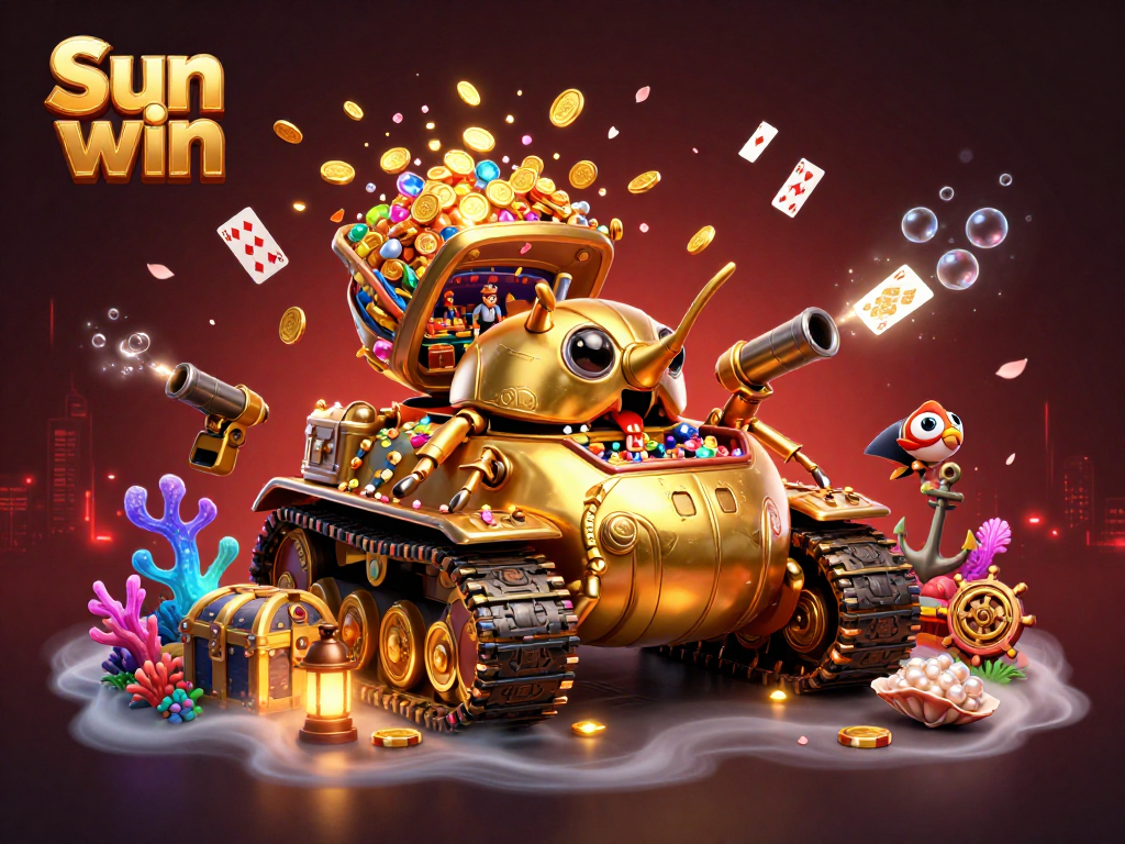 Engage with Sun win's thrilling casino adventure featuring a golden beetle tank bursting with excitement.