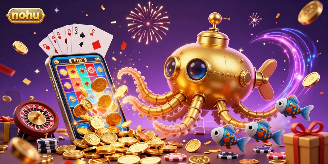 Nohu showcases a vibrant casino scene with a golden kraken submarine and mechanical fish amidst celebrations and gaming excitement.