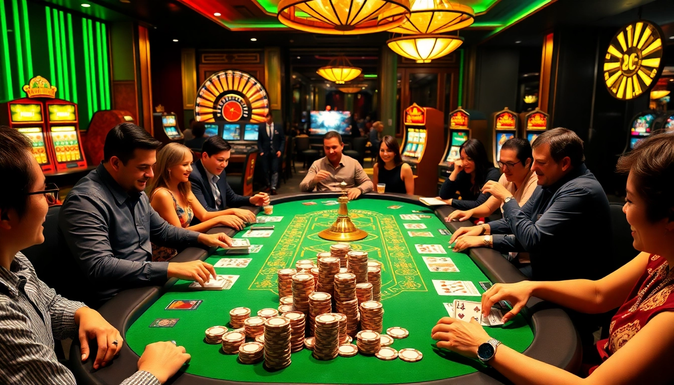 Players enjoying thrilling game bài at a luxurious casino table surrounded by vibrant casino elements.