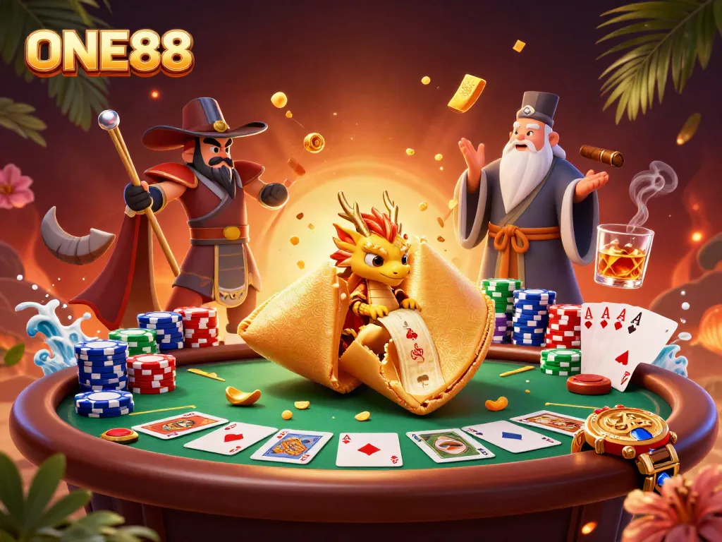 Experience thrilling poker action with ONE88 in this vibrant, detailed casino illustration.
