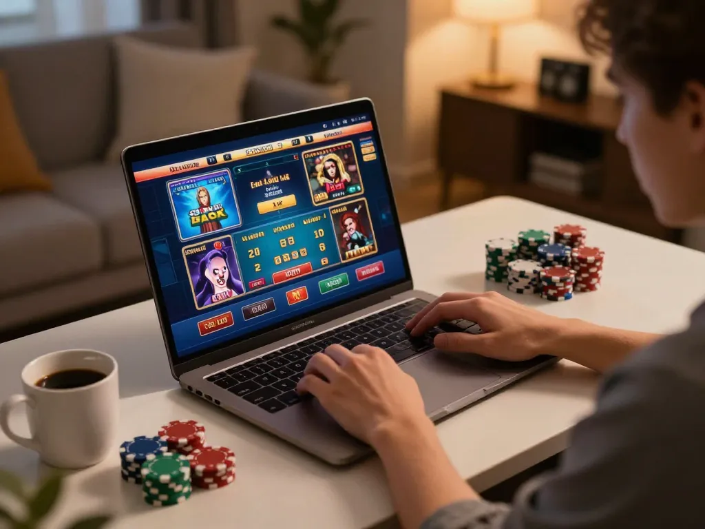 Player exploring 23WIN casino games on a laptop, showcasing a vibrant and engaging home gaming environment.