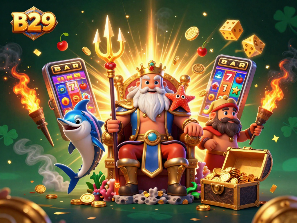 B29 players enjoying a vivid slot jackpot experience with colorful casino game elements.