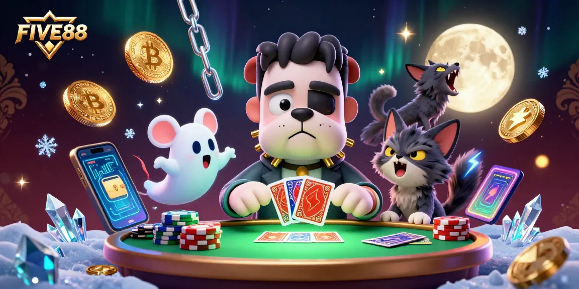 Experience thrilling gameplay with FIVE88, featuring vibrant characters at a ghostly casino table.