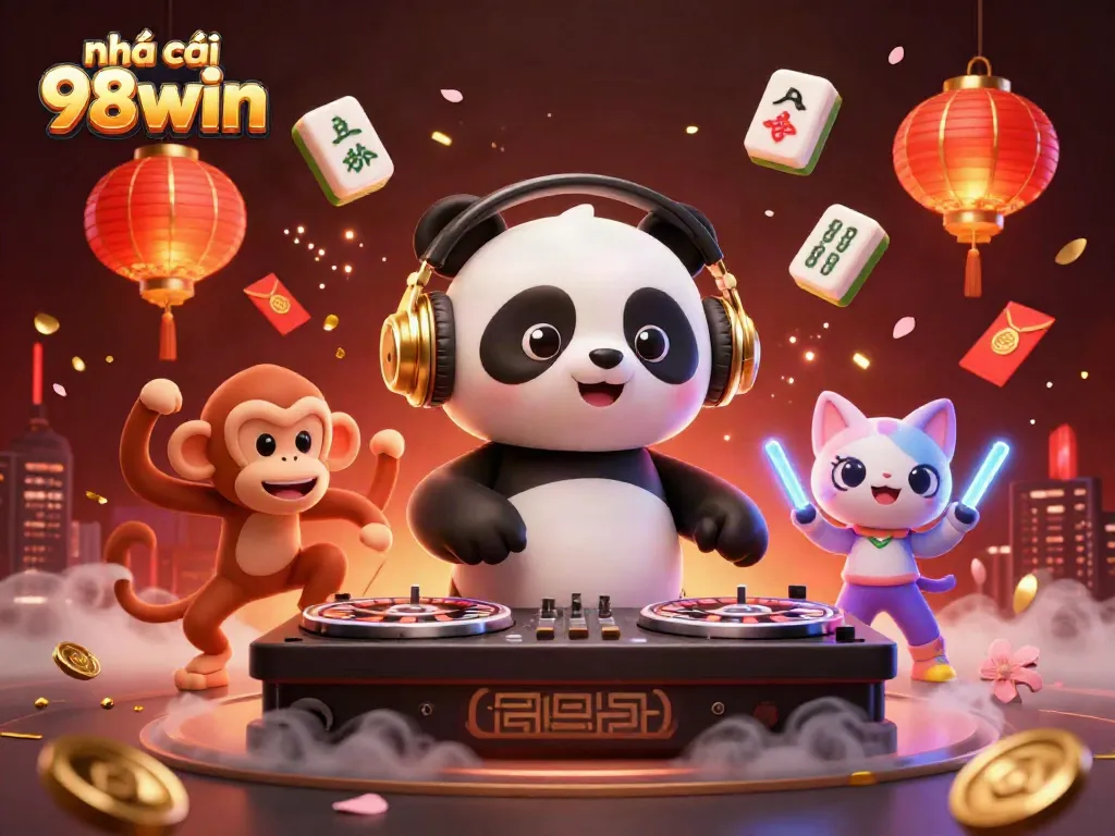 Experience thrilling gameplay at nhà cái 98win with a vibrant illustration featuring a DJ panda and friends in a dynamic casino party.