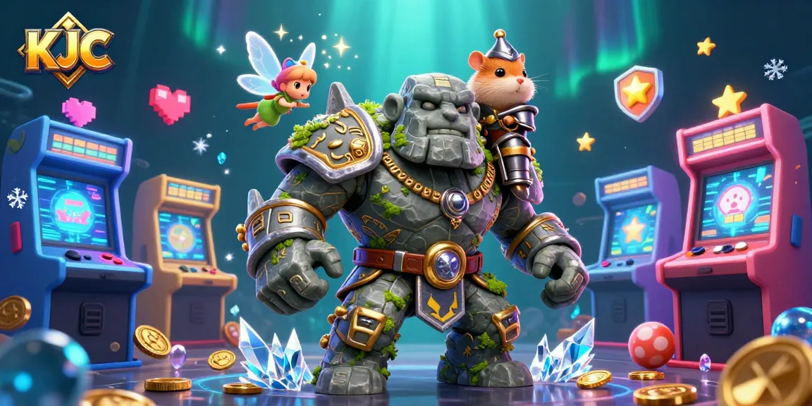 KJC engages players with a vibrant 3D casino scene featuring a stone golem, magical fairy, and hamster knight.