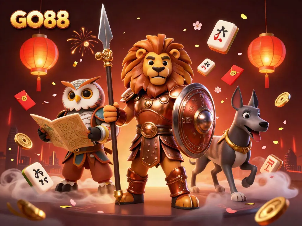 GO88 highlights a high-energy 3D gambling scene with characters and festive elements.