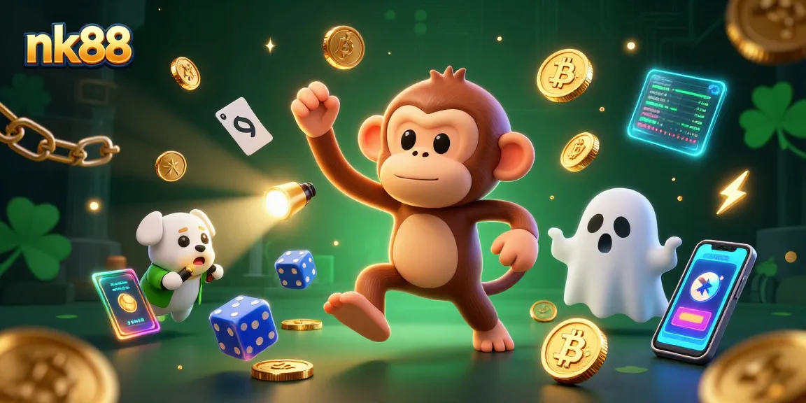 nk88 offers thrilling gaming experience with a poltergeist monkey and ghost-hunting puppy in a vibrant casino scene