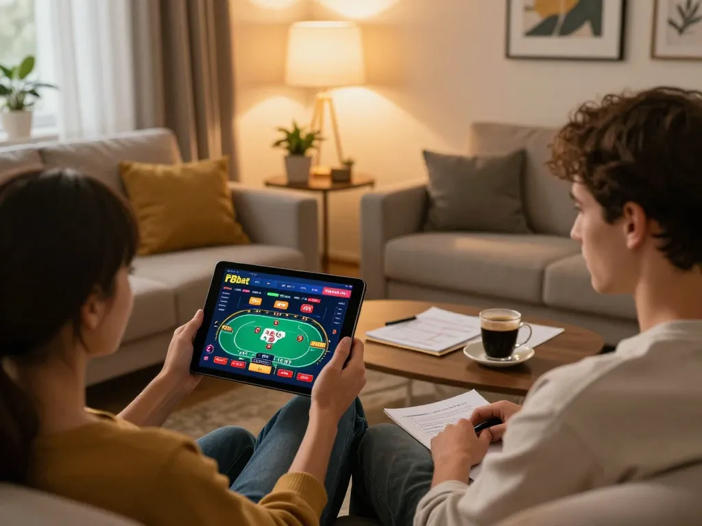 Engaging in online betting with F8bet app, showcasing a cozy home gaming atmosphere.